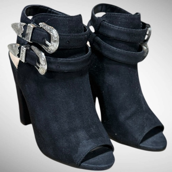 Black Faux Suede Peep Toe Block Heel Boots with buckle detailing Size 6 - Picture 5 of 15